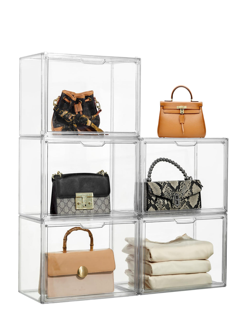 ZLLZUU Purse Organizer for Closet 5 Pack Clear Acrylic Display Case for purse handbag Organizer Stackable Purse Storage boxes with magnetic door for Collectibles Wallet Cosmetic