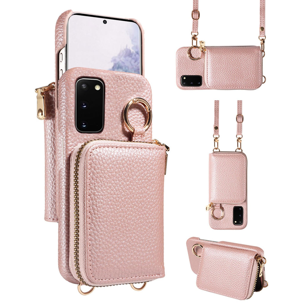Furiet Wallet Case for Samsung Galaxy S20 5G 6.2 inch with Shoulder Strap Ring Buckle Luxury PU Leather Zipper Organ Purse Credit Card Holder Stand Cell Phone Cover for S 20 20S UW S2O G5 Rose Gold