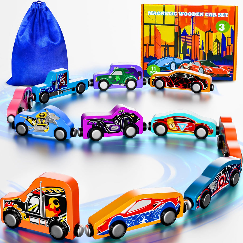 Toddler Boy Toys: 11 Magnetic Train&Car Set Toys for Boys 3 Wooden Toys for Toddlers Montessori Toys Superhero Toys Toddler Cars Easter&Birthday Gifts for Kids Boys Cars Toys for Kids