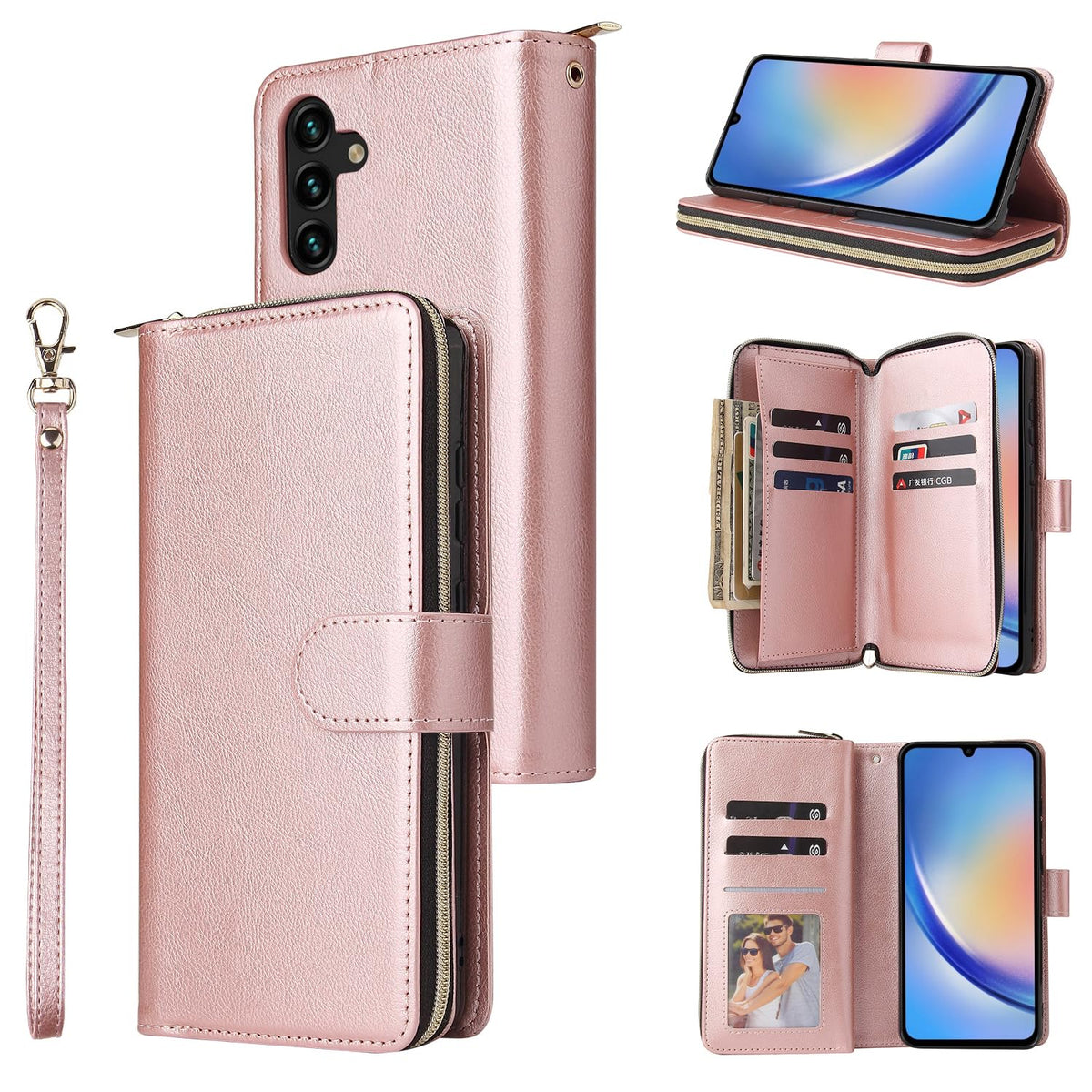 Furiet Wallet Case for Samsung Galaxy A24 4G/5G with Detachable Wrist Strap 9+ Card Slots Thin Slim Zipper Purse Luxury PU Leather Stand Full Body Cell Phone Cover for A 24 24A Lte Women Men Rose Gold