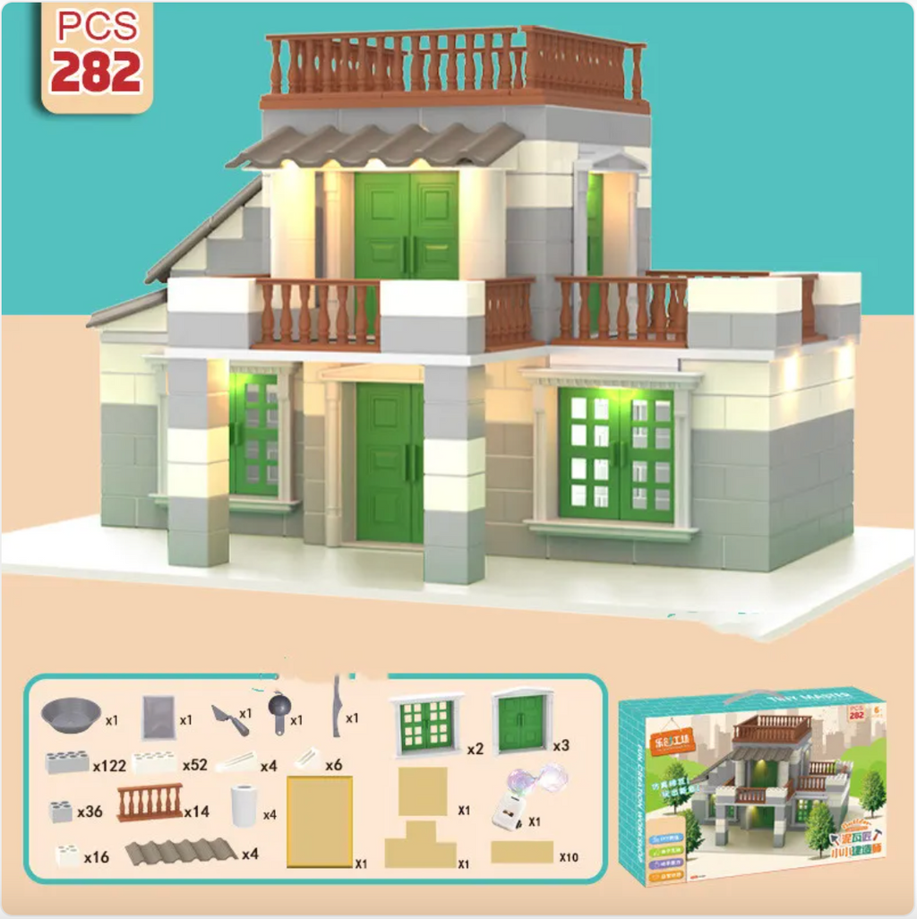 Children Build A House Bricks Assembled Toys