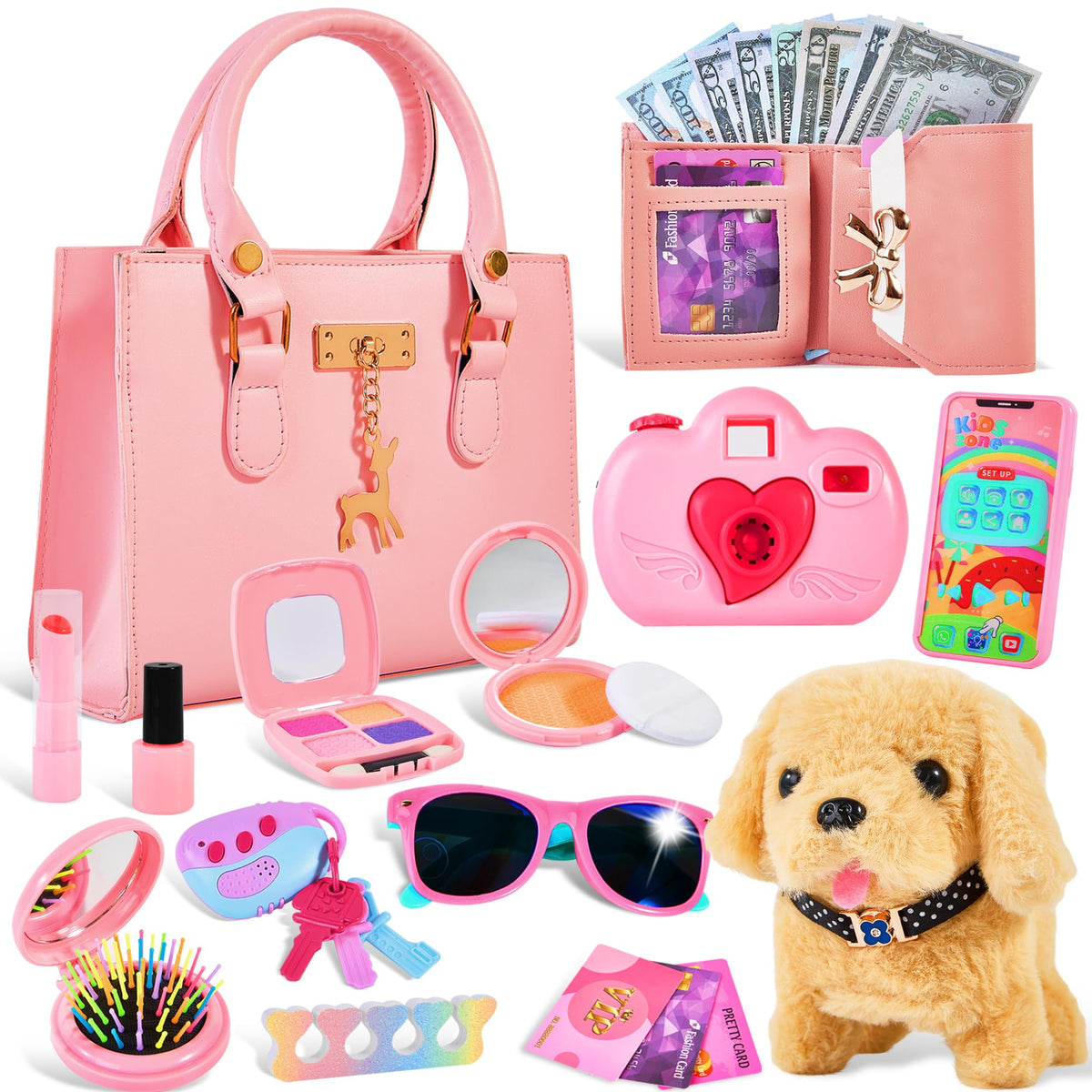 Toddler Purse for Girls Toys Play Purse for Little Girls with Pretend Makeup Handbag Phone Wallet Camera Dog Kids Purse Birthday Gift for Girls 345678 Year Old