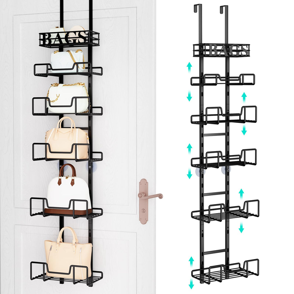 HapiRm Over Door Purse Organizer - Adjustable Purse Storage Rack with Bags Design Metal Basket Wall Mounted Handbag Organizer Hanging Purse Holder Can Use As 1/2 Part Detachable