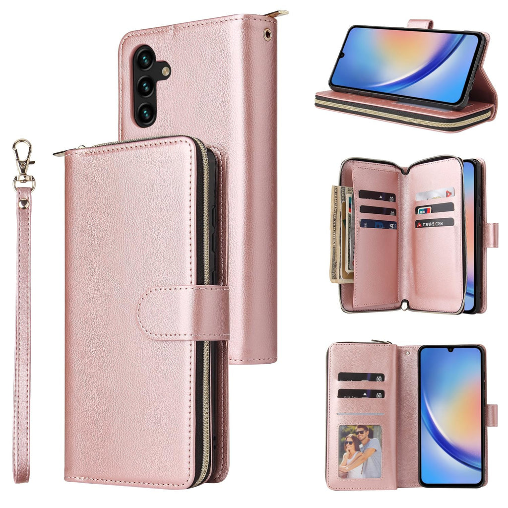 Furiet Wallet Case for Samsung Galaxy A24 4G/5G with Detachable Wrist Strap 9+ Card Slots Thin Slim Zipper Purse Luxury PU Leather Stand Full Body Cell Phone Cover for A 24 24A Lte Women Men Rose Gold
