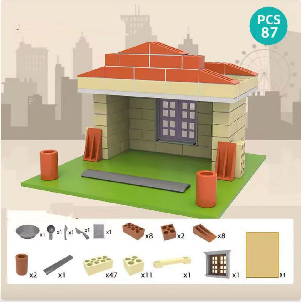 Children Build A House Bricks Assembled Toys