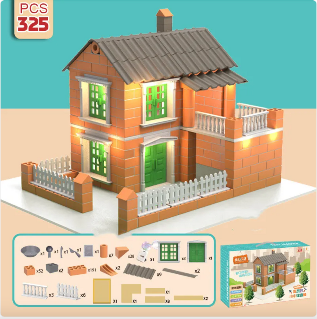 Children Build A House Bricks Assembled Toys